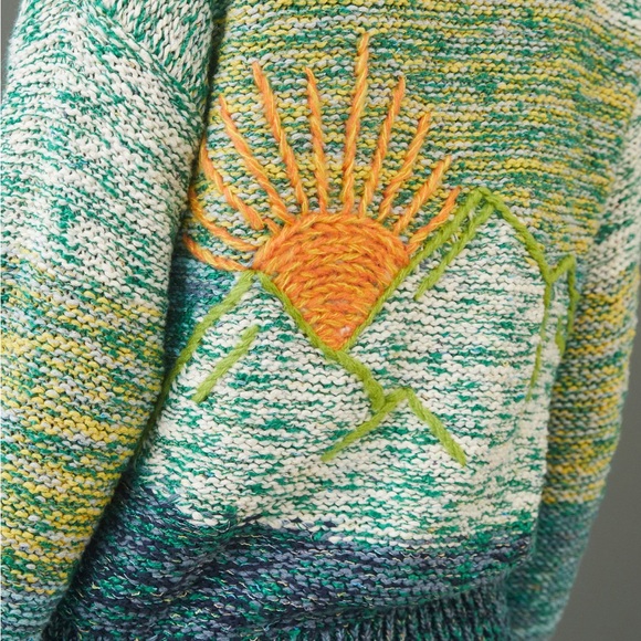 Anthropologie Pilcro Sunset Embroidered Cardigan Green Yellow Rare Sun Sz XS - Picture 3 of 15